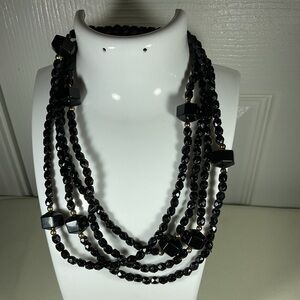 Classic Black 30” Beaded Necklace with Gold Accents Faceted Beads Lightweight